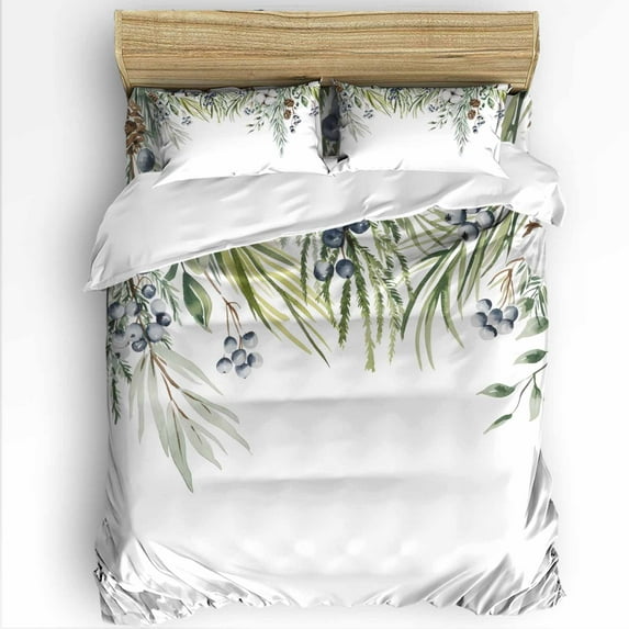 Winter Green Leaf Twin Size Comforter Set, Christmas Fruit Plant Cotton Xmas Soft Bedding for All Seasons, 4 Pcs Bed Set with 1 Comforter (68"x86") ,1Sheet(66"x116"), 2 Pillowcases (19"x29")