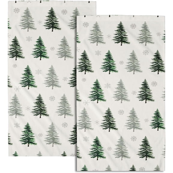 Winter Green Tree Hand Towels Set of 2 Christmas Theme Tree and Snowflake Absorbent Kitchen Towels Rustic Xmas Holiday Fingertip Towels for Bathroom Hotel Gym Spa