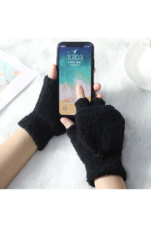 Winter Half-Finger Gloves with Flip Cover, Coral Fleece Touchscreen Gloves for Women and Men, Warm Anti-Cold Gloves for Working, Writing, Typing, Outdoor Activities-Black