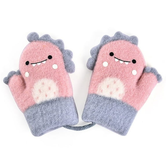 Winter Hanging Neck Plush Children Knitted Mittens Cute Kids Gloves Thick Warm PINK