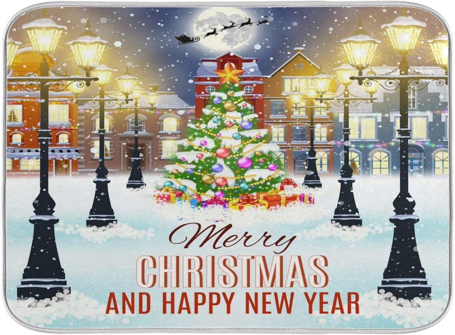 Winter Happy New Year Holiday Dish Drying Mat 18x24 inch Christmas Tree