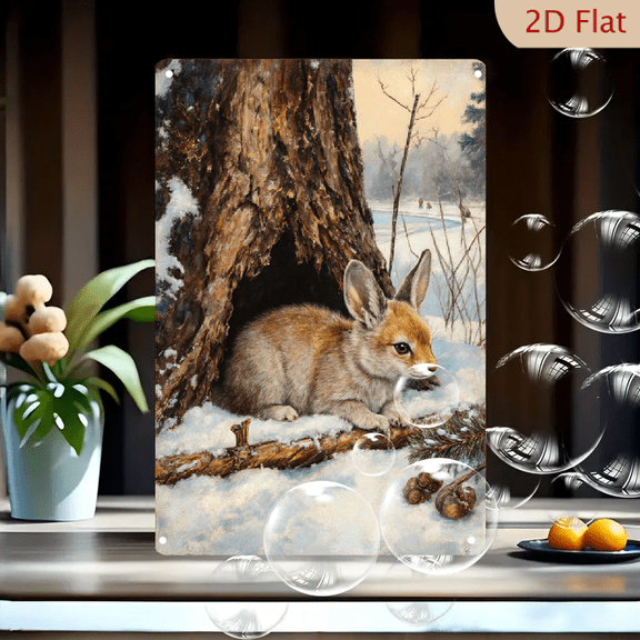 Winter Hare Resting Under Tree, 8x12 inch Metal Wall Art, Cozy Snowy Forest Scene with Pinecones and Distant Figures, Rustic Home Decor for Living Room