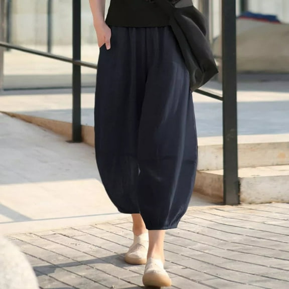 Winter Haren Pants for Women Elastic Waist Solid Color Cotton Linen Pant Winter Baggy Casual Trousers with Pockets