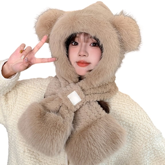 Winter Hat Beanie Hats for Women Bear Ear Knit and Scarf for Fall and Winter Thick Warm Hooded Scarf Combination