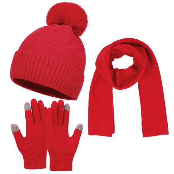 Winter Hat Beanie Long Scarf Touchscreen Gloves Set, 3Pcs Soft Thick Fleece Lined Gloves Skull Cap Scarf Set for Women Men Christmas （One Size)