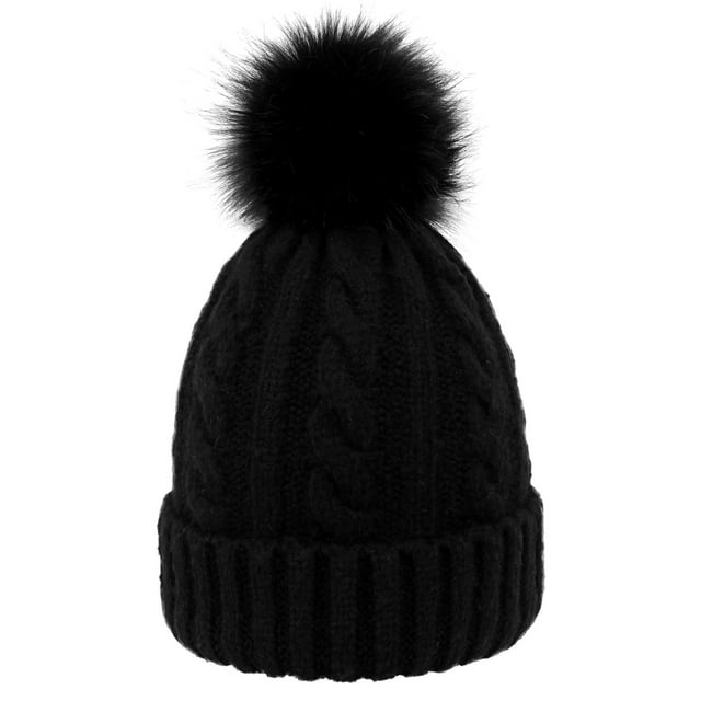 Winter Hat Beanie for Women Knit Slouchy Ski Hat Faux Fur Beanies Pompom, Black Beanie, Black pom Beanie