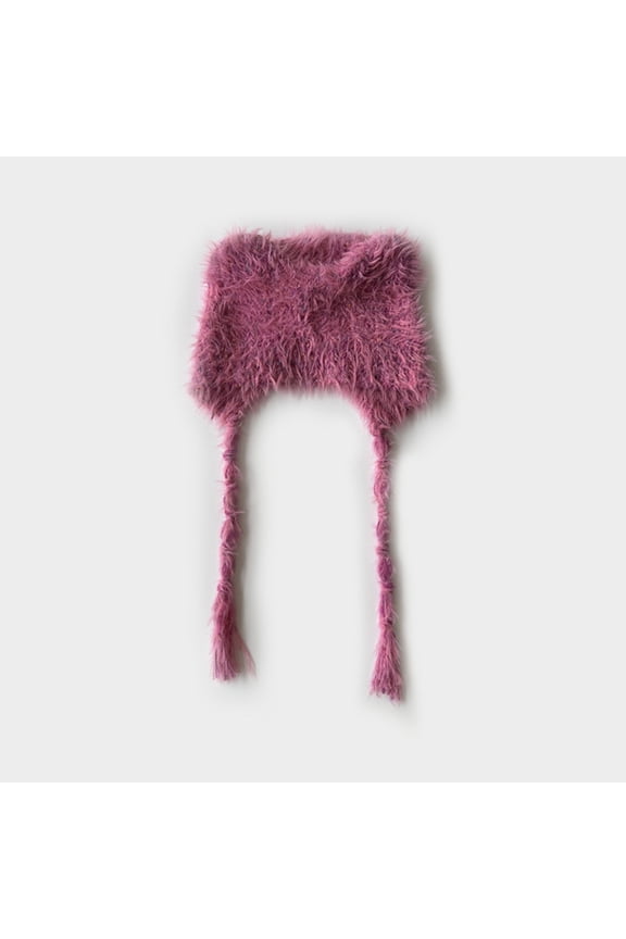 Winter Hat Cute Cat Ear Shape y2k Style Furry Knit Earflap Hat with Long Ear Straps Peruvian Cover Ear Beanie Hat