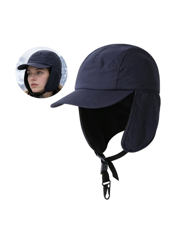Winter Hat with Earflaps, Mens Winter Hat with Brim Earflaps Hat, Pilot Hat Outdoor Warm Thickened Ear Protectors, Windproof Ski Riding Cold Weather Cap with Adjustable Buckle 21.2-22.8Inch