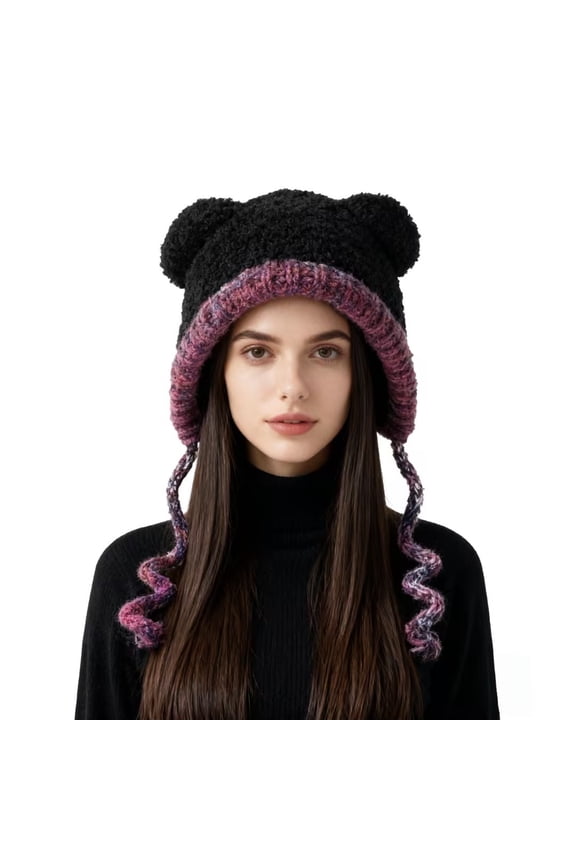Winter Hat For Women Adorable Pattern Knit Double Layer Warm Thickened Cute Bear Ear Warming Hat