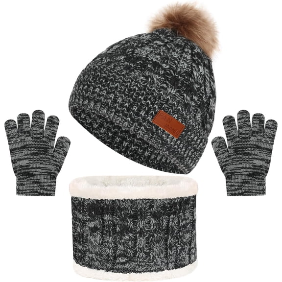 Winter Hat Gloves Scarf Set Winter Beanie Hat Scarf Gloves Set with Knit Thick Warm Fleece Lined