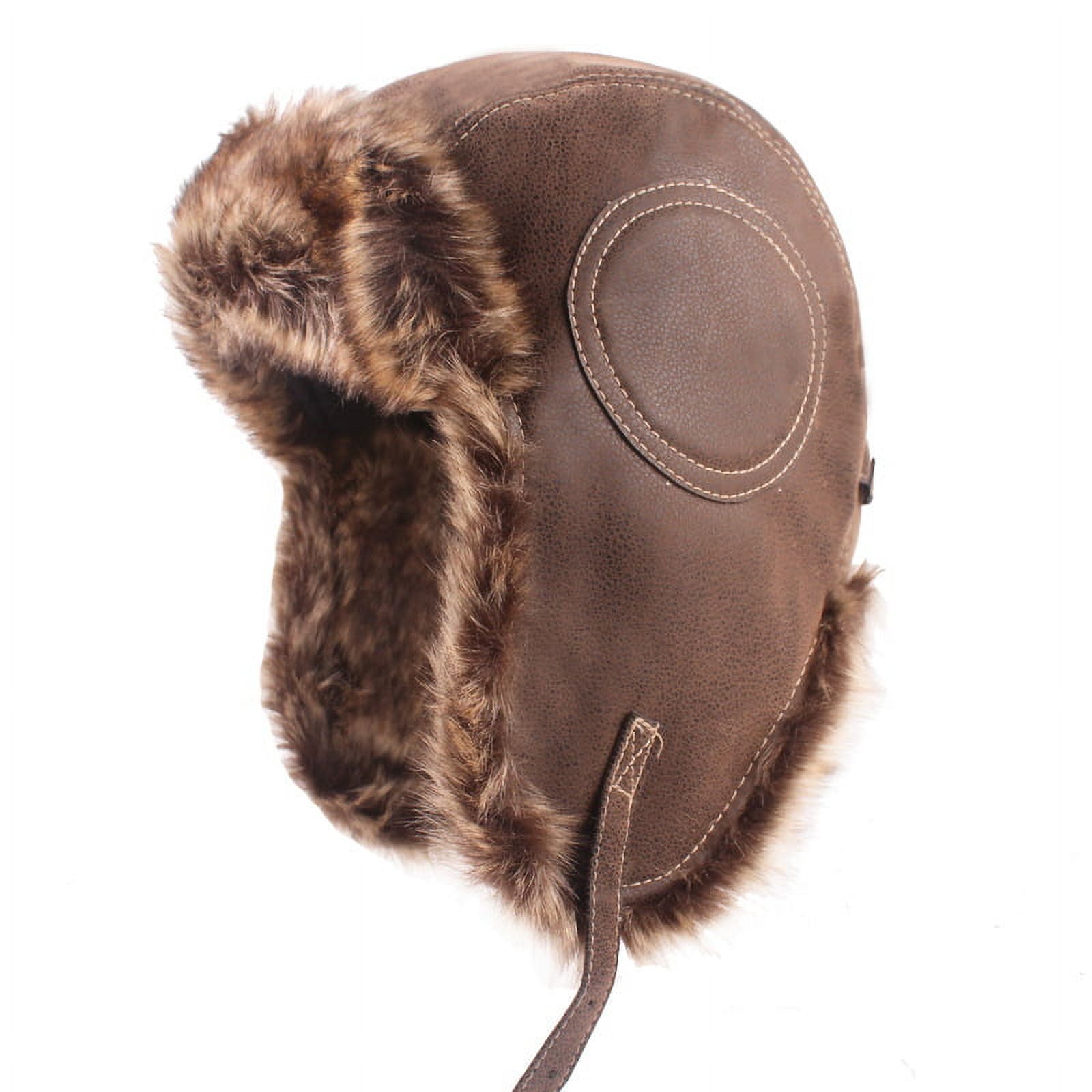  XIXIDIAN Men's Winter Hat Bomber Hat Men Leather Earflap Pilot  Hats Faux Fur Caps Warm Winter Hats Hunting Hat (Color : Black, Size :  55-60cm) : Clothing, Shoes & Jewelry