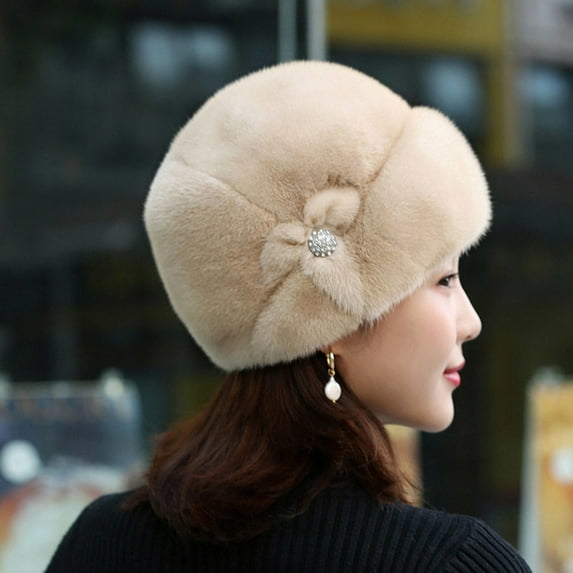 Winter Hat Russian Faux Rabbit Fur Flower Decor Thickened Luxury Keep Warm Solid Color Autumn Winter Thermal Middle-aged Women Cap for Outdoor-Khaki