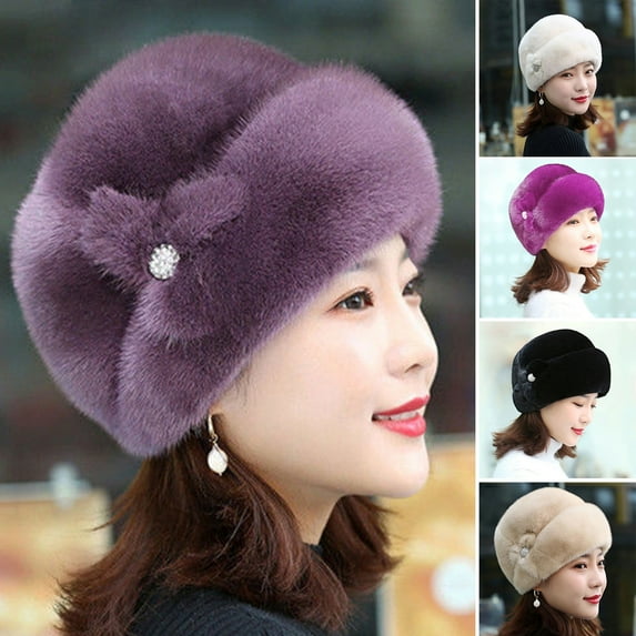 Winter Hat Russian Faux Rabbit Fur Flower Decor Thickened Luxury Keep Warm Solid Color Autumn Winter Thermal Middle-aged Women Cap for Outdoor-Purple