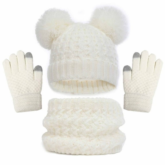 Winter Hat, Scarf & Glove Sets for Boys Girls Fleece Lined Cute Pom-Pom Beanies Hats Gloves and Neck Gaiters Scarves 3 Piece Skiwear Snowwear Set