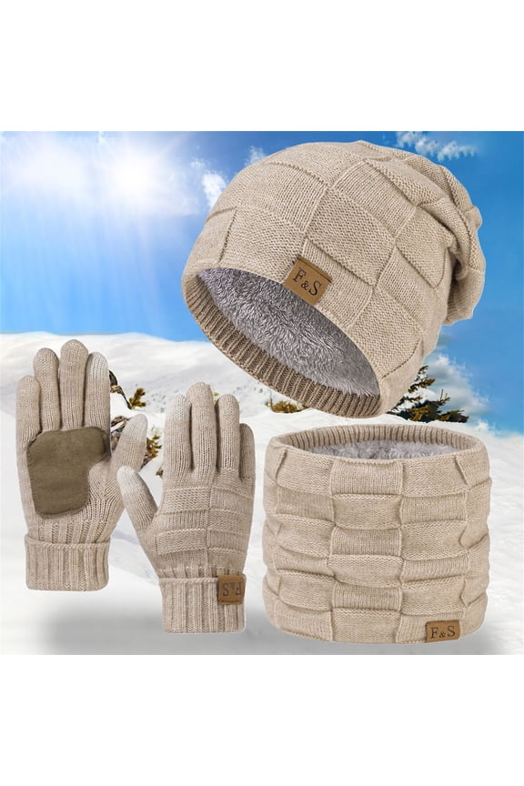 Winter Hat Scarf Gloves 3 Piece Set, Fleece Lined Plaid Knit Matching Winter Set for Men Women, Cold Weather Accessory Set for Skiing Snowboarding Commute - Beige