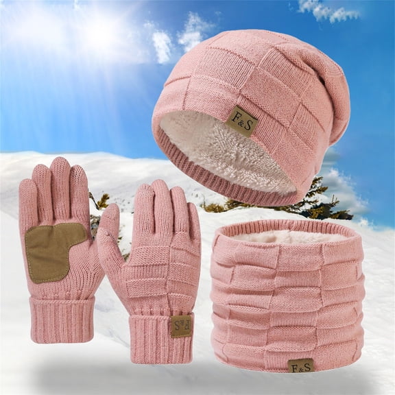 Winter Hat Scarf Gloves 3 Piece Set, Fleece Lined Plaid Knit Matching Winter Set for Men Women, Cold Weather Accessory Set for Skiing Snowboarding Commute - Pink