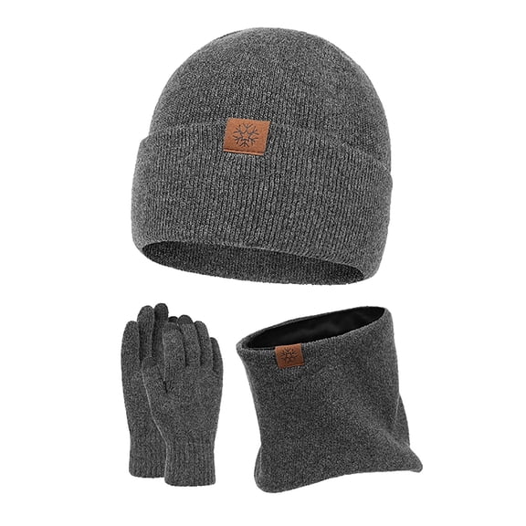 Winter Hat Scarf Gloves Set, Fleece Lined Neck Warmer, Cuffed Knit Beanie Set, Warm Matching Accessories, Cold Weather Gift Set Gray2