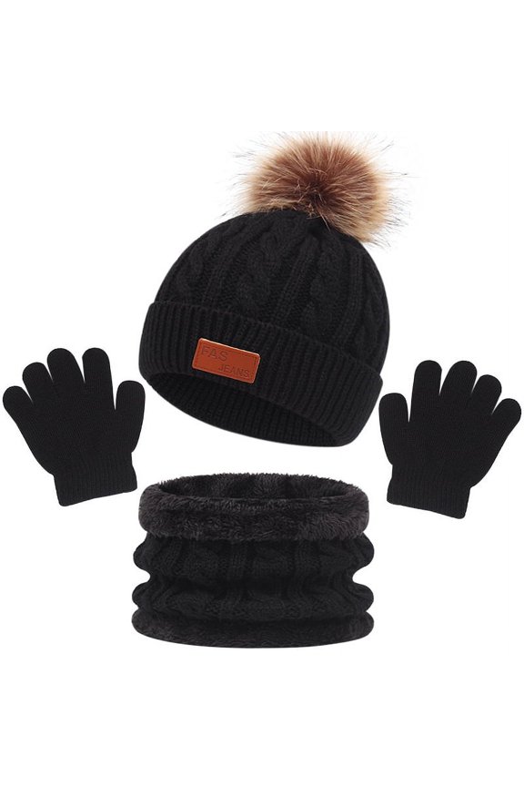 Winter Hat Scarf Gloves Set Kids Knit Hat Fleece Lining Scarf Mittens for Boys Girls 1-5 Years