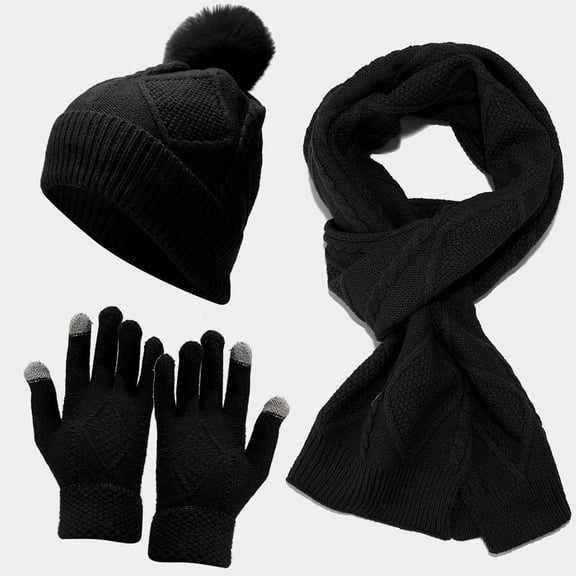 Winter Hat Scarf Gloves Set, Knit Beanie Neck Warmer Mittens Trio for Men & Women,one size fits all,black