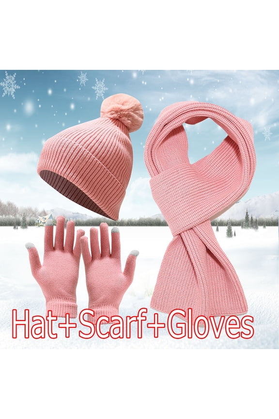 Winter Hat Scarf and Gloves Set for Men and Women, 3 in 1 Knitted Beanie Ear Muffler and Gloves, Warm Windproof Ski Set for Cold Weather, Cycling, Outdoor Activities-Pink