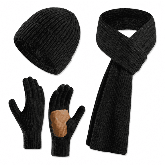 Winter Hat Scarf Gloves Set for Women & Men, Fleece Lined Knit Beanie Hat, Touchscreen Gloves and Long Scarf 3-Piece Winter Warm Set, for Skiing, Hiking, Cycling, Travel, Blac