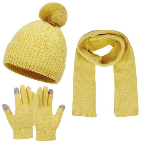 Winter Hat Scarf Gloves Set for Women, Classic Cable Beanie with Removable Pom Pom Long Scarf Touchscreen Gloves 3 in 11 Set