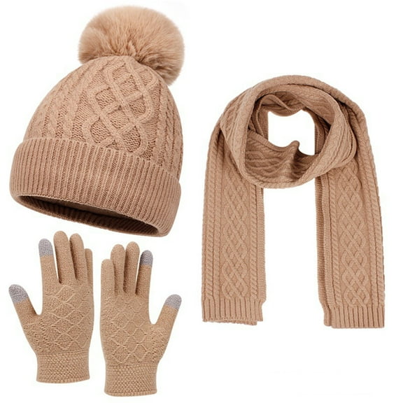 Winter Hat Scarf Gloves Set for Women, Classic Cable Beanie with Removable Pom Pom Long Scarf Touchscreen Gloves 3 in 3 Set