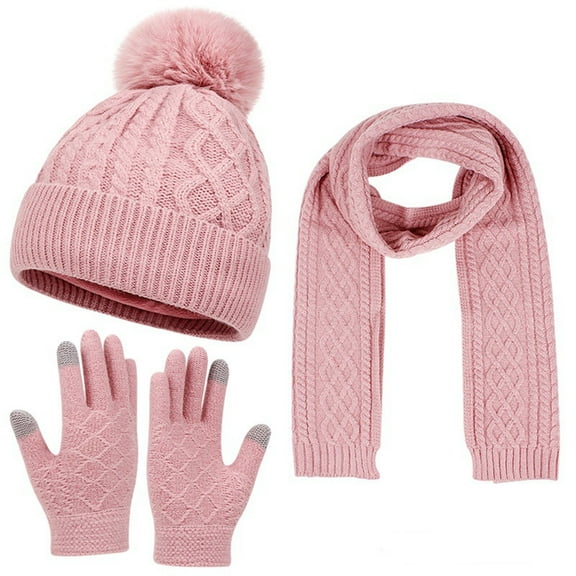 Winter Hat Scarf Gloves Set for Women, Classic Cable Beanie with Removable Pom Pom Long Scarf Touchscreen Gloves 3 in 5 Set