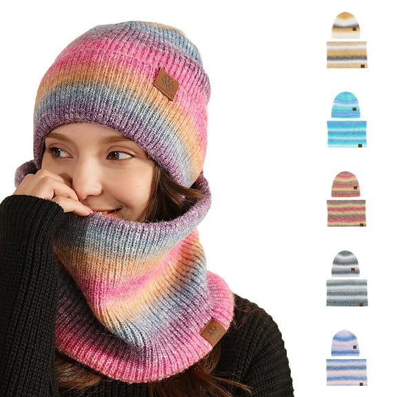 Winter Hat Scarf Gloves Set for Women Girls Cute Rainbow Knitted Skull Cap Warm Neck Scarf Cold Weather Gift