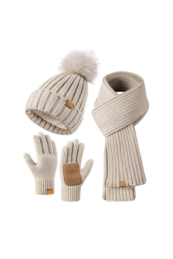Winter Hat Scarf Gloves Set for Women, Gloves with Pom Pom Beanie and Long Scarf, Stylish 3 in 1 Winter A