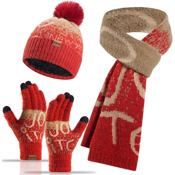Winter Hat Scarf Gloves Set for Women Womens Knit Warm Hat Beanie Long Scarf Touchscreen Gloves Skull Caps Neck Scarves