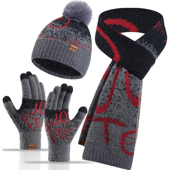 Winter Hat Scarf Gloves Set for Women Womens Knit Warm Hat Beanie Long Scarf Touchscreen Gloves Skull Caps Neck Scarves