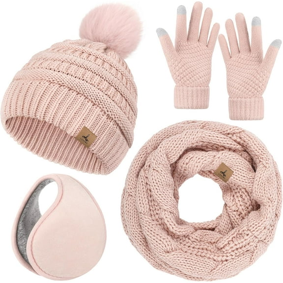 Winter Hat Scarf Gloves and Ear Warmer, Warm Knit Beanie Hat Touch Screen Gloves Set Winter Gifts Neck Scarves for Women