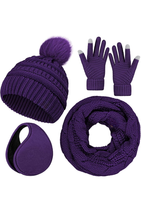 Winter Hat Scarf Gloves and Ear Warmer, Warm Knit Beanie Hat Touch Screen Gloves Set Winter Gifts Neck Scarves for Women