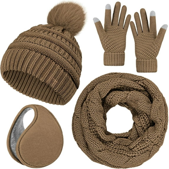 Winter Hat Scarf Gloves and Ear Warmer, Warm Knit Beanie Hat Touch Screen Gloves Set Winter Gifts Neck Scarves for Women