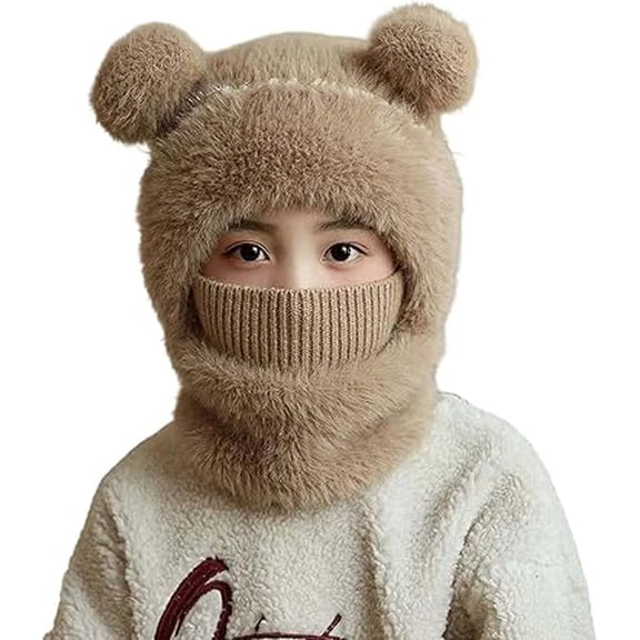 Winter Hat Scarf Mask Set - Cute Bear Knit Warm Plush Balaclava, All-in-One Windproof Ski Mask for Boys Girls School/Outdoor/Skiing Z