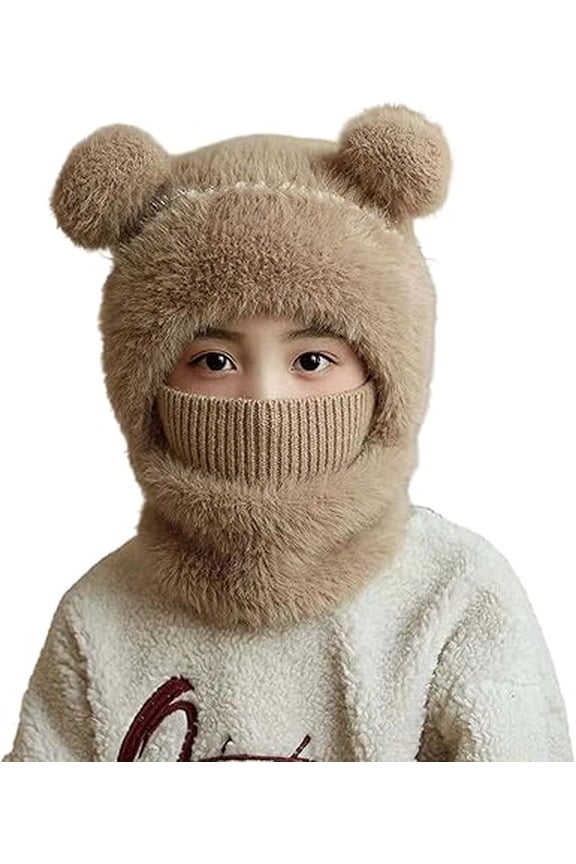 Winter Hat Scarf Mask Set - Cute Bear Knit Warm Plush Balaclava, All-in-One Windproof Ski Mask for Boys Girls School/Outdoor/Skiing Z