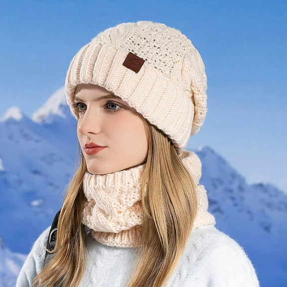 Winter Hat Scarf Set under $5! Yrmaups Winter Wool Hat and Scarf Set, Solid Color Thickened Knit Beanie with Ear Flaps and Neck Warmer, Cold Weather Two Piece Set