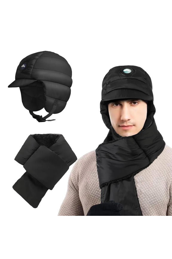 Winter Hat Scarf Set for Men Women, Adjustable Ultralight Heated Hat Scarf 2 in 1 Set with Thermal Fleece Lining for Skiing Hiking Running Outdoor Sports, Black