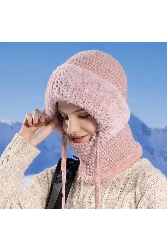 Winter Hat Scarf Set for Women, Knit Balaclava Ski Mask with Face Mask - Pink Warm Fleece Lined Beanie Hat with Pom Pom, Adjustable Drawstring Windproof Hooded Hat for Outdoor Sports Gift