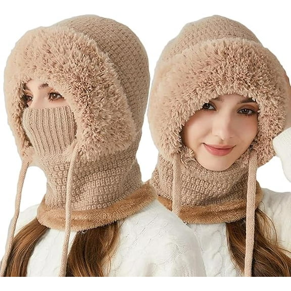 Winter Hat Scarf Set for Women Knit Balaclava Ski Mask with Face Mask, Warm Fleece Lined Beanie Hat with Pom Pom Bouble Adjustable Drawstring Windproof Hooded Hat for Outdoor Sports Women Gift
