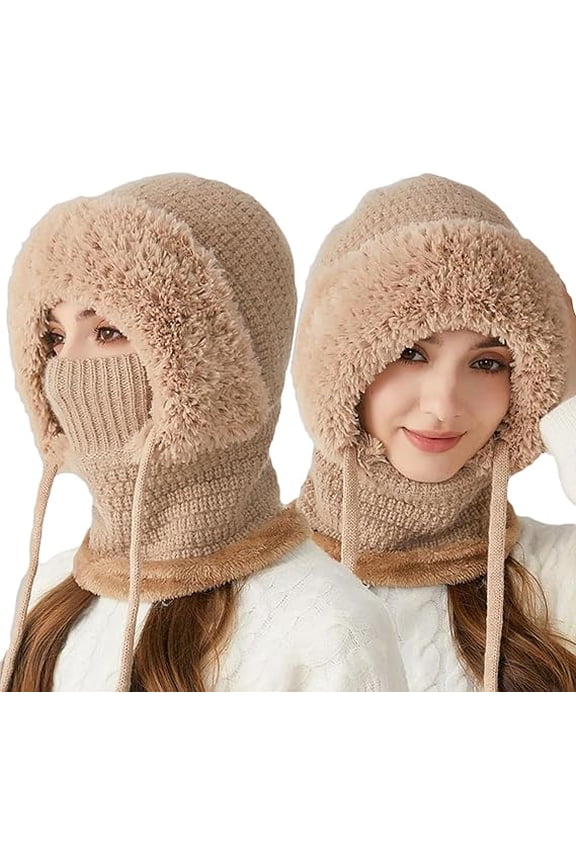 Winter Hat Scarf Set for Women Knit Balaclava Ski Mask with Face Mask, Warm Fleece Lined Beanie Hat with Pom Pom Bouble Adjustable Drawstring Windproof Hooded Hat for Outdoor Sports Women Gift