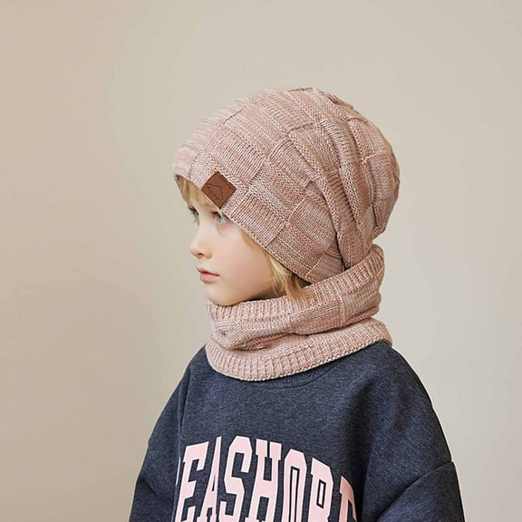 Winter Hat Scarf Sets for Boys Girls Thermal Warm Knitted Beanies Neck Gaiters Size 1-11 Youth Casual Solid 2 Piece Fleece Lined Hats & Scarves Set