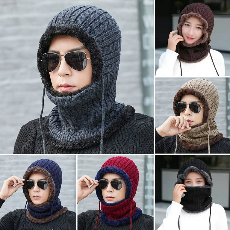 Winter Hat Solid Color No Brim Hooded Cotton Thread Thickened Keep Warm  Head Wear Men Neck Warmer Beanie One-piece Cap Clothing Accessories