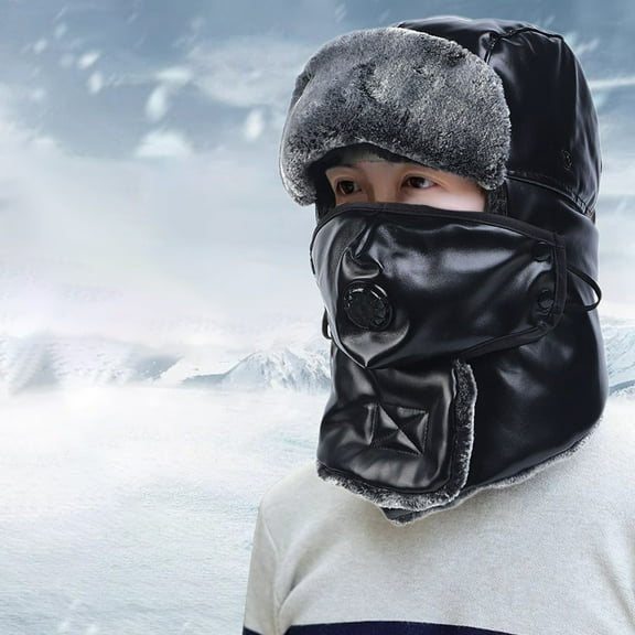Winter Hat Thermal Aviator Windproof Thick,Winter Leather Hat With Fleece Thickened Warm Riding Hat Detachable Mask Riding Rain Ski Hat