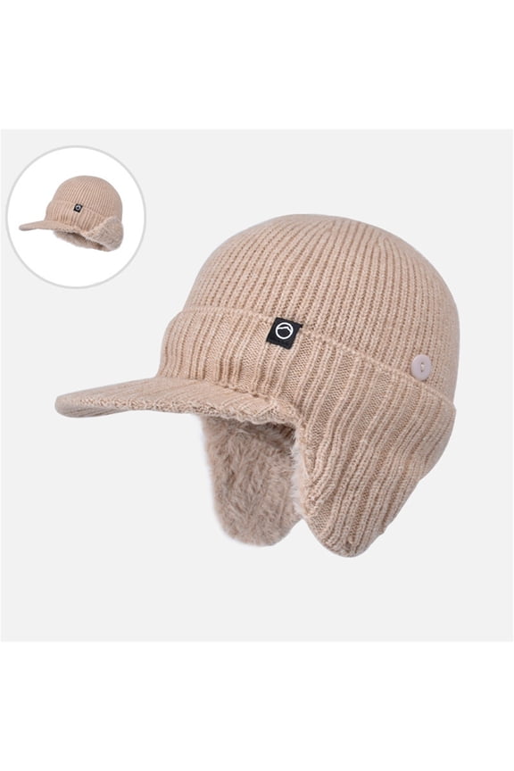 Winter Hat with Visor for Men, Fleece Lined Beanie with Brim and Ear Flaps, Warm Knit Cuff Cap for Cold Weather, Windproof Skull Cap for Outdoor Hiking, Skiing, and Running - Khaki