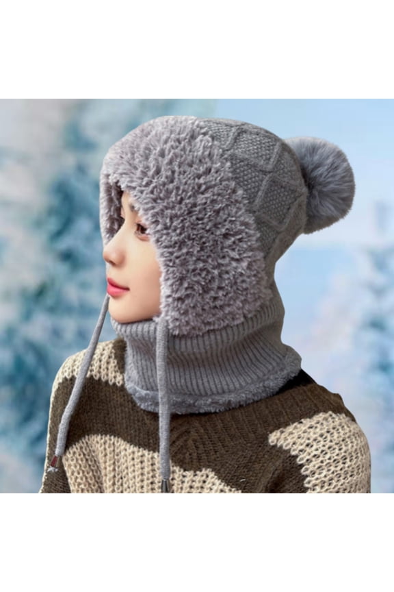 Winter Hat for Women, Fleece Lined Thickened Balaclava with Ear Flaps, Cold Proof Face Cover Knitted Woolen Hat, Warm Beanie for Outdoor Skiing, Running and Daily Use - Dark Gray