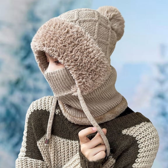 Winter Hat for Women, Fleece Lined Thickened Balaclava with Ear Flaps, Cold Proof Face Cover Knitted Woolen Hat, Warm Beanie for Outdoor Skiing, Running and Daily Use - Light Yellow