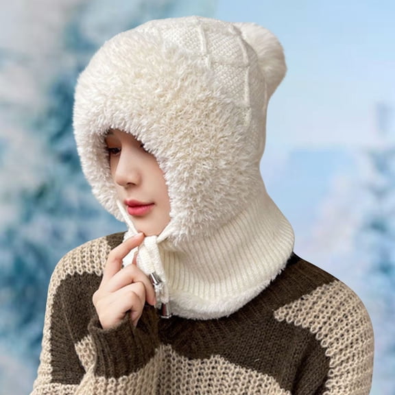 Winter Hat for Women, Fleece Lined Thickened Balaclava with Ear Flaps, Cold Proof Face Cover Knitted Woolen Hat, Warm Beanie for Outdoor Skiing, Running and Daily Use - Silver