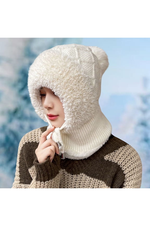 Winter Hat for Women, Fleece Lined Thickened Balaclava with Ear Flaps, Cold Proof Face Cover Knitted Woolen Hat, Warm Beanie for Outdoor Skiing, Running and Daily Use - Silver